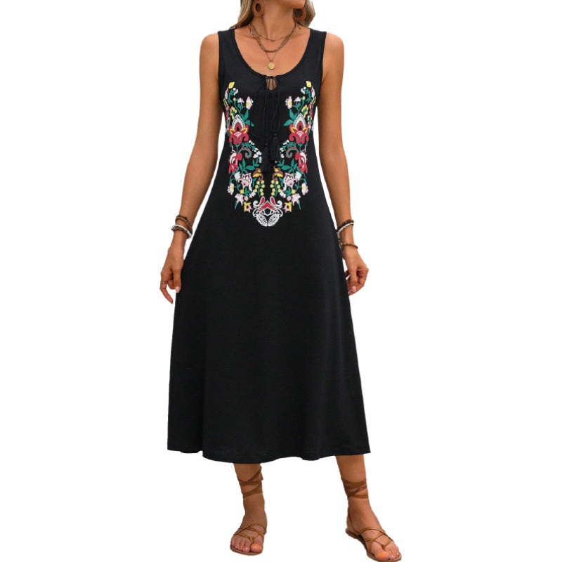 Damen lässiges Maxikleid mit floralen Applikationen und verstellbarem Bindegürtel Drune