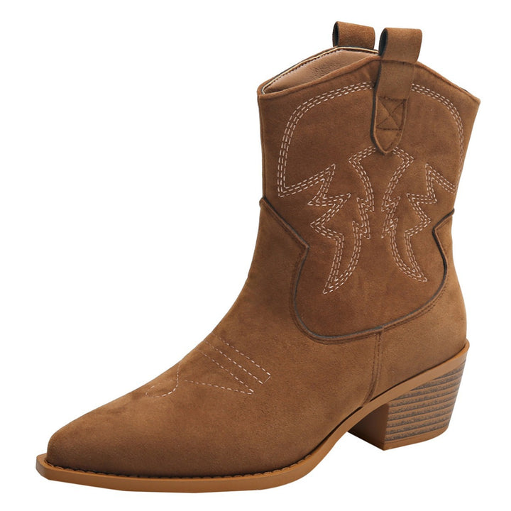 Damen nan Kurzschaft‑Westernboot mit dekorativer Stickerei, eckigem Blockabsatz und weichem Veloursfinish Drune