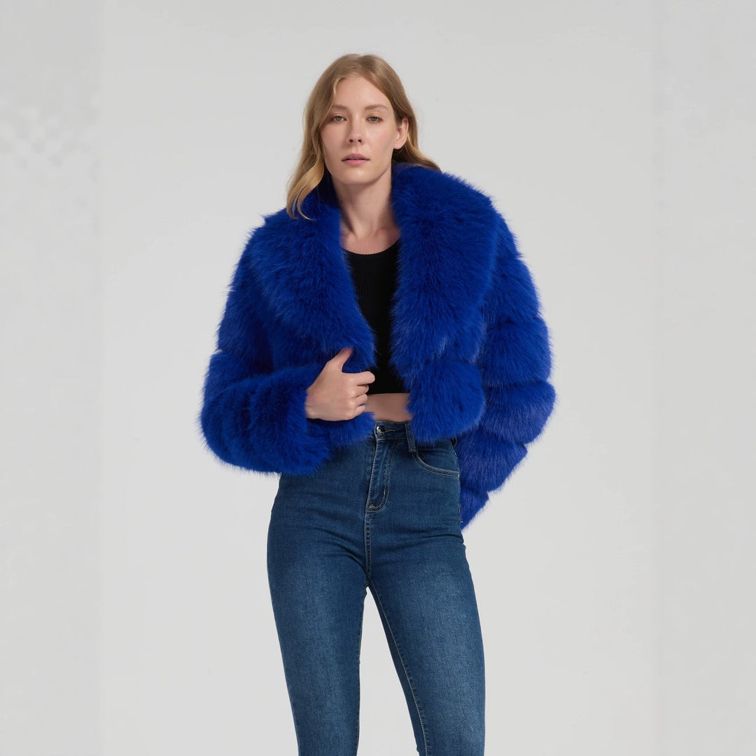 Damen Kurz geschnittene Kunstpelz‑Bolerojacke mit voluminösem Schalkragen Drune