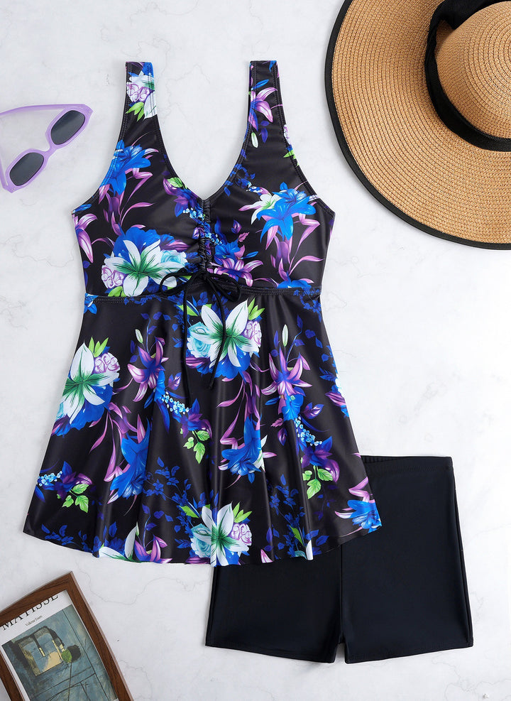 Damen Tankini-Set mit modischem Volant und grafischem Pfauenmuster Drune