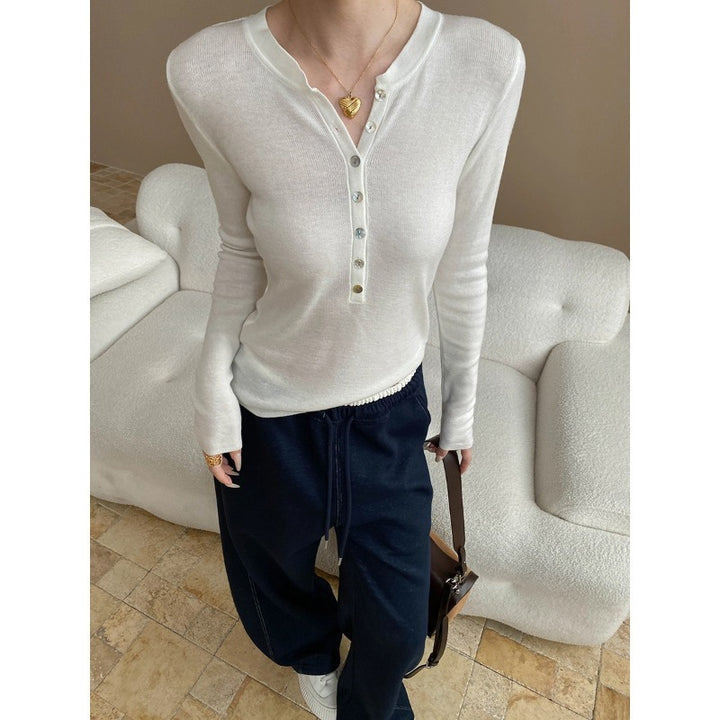 Damen Langarm-Henley-Shirt aus feinem Rippmaterial mit Knopfleiste Drune