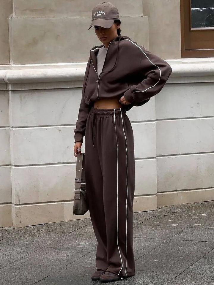 Damen Lässiges Zweiteiliges Sweatset mit Kapuzenjacke und weitem Bundfalten Jogginghose Drune