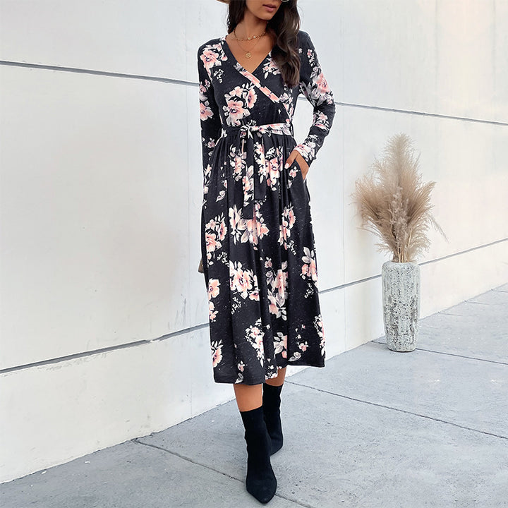 Damen Wickel-Midikleid mit tailliertem Bindegürtel, ausgestelltem Rock und V‑Ausschnitt Drune