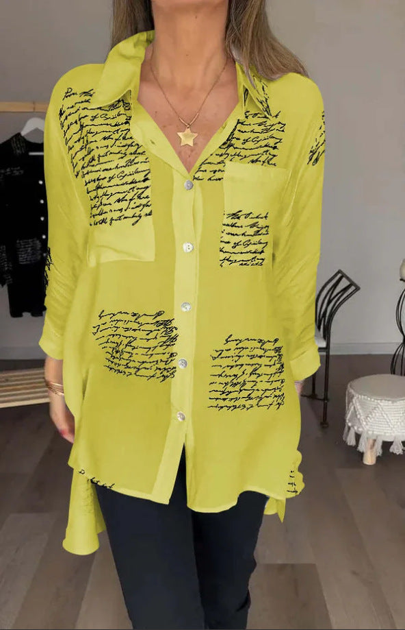 Damen Oversize Hemd Bluse aus leichtem Chiffon mit Text-Patch-Druck und aufgenähter Brusttasche Drune