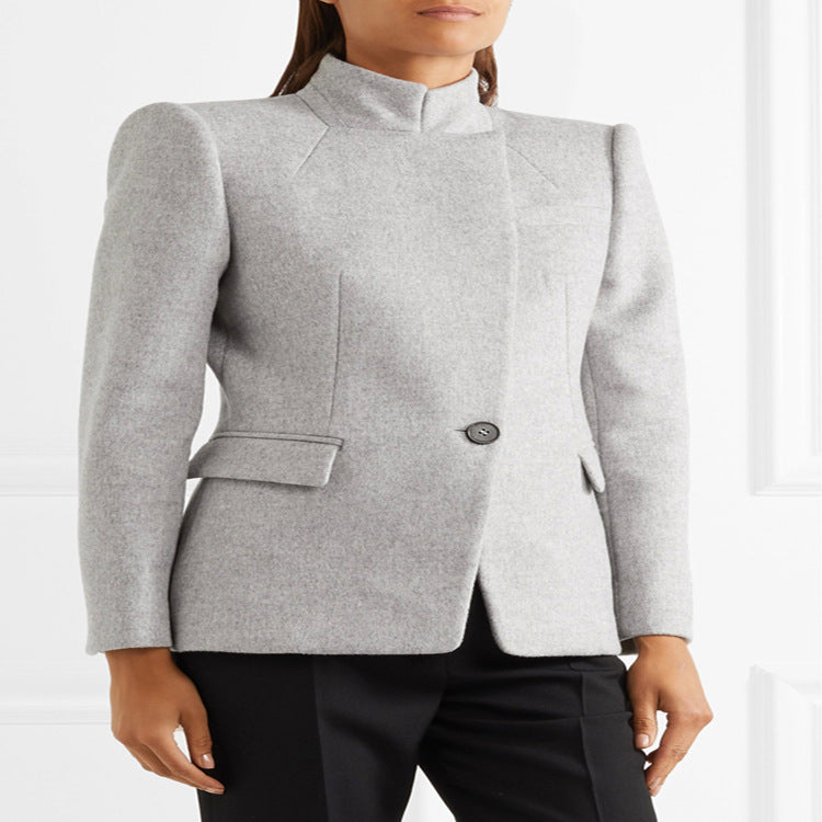 Damen Taillierter Wollmix‑Blazer mit Stehkragen, strukturierter Schulter und Pattentaschen Drune