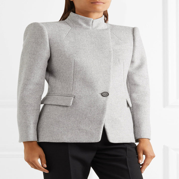 Damen Taillierter Wollmix‑Blazer mit Stehkragen, strukturierter Schulter und Pattentaschen Drune