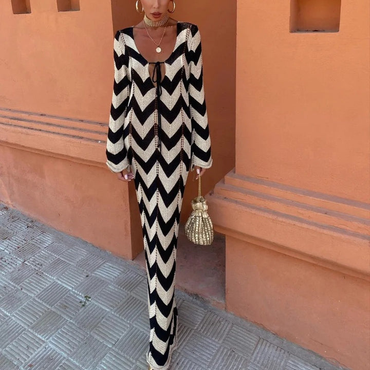 Damen 1400+ langes gehäkeltes Maxikleid mit Chevron‑Muster, tiefem V‑Ausschnitt und Bindeband Drune