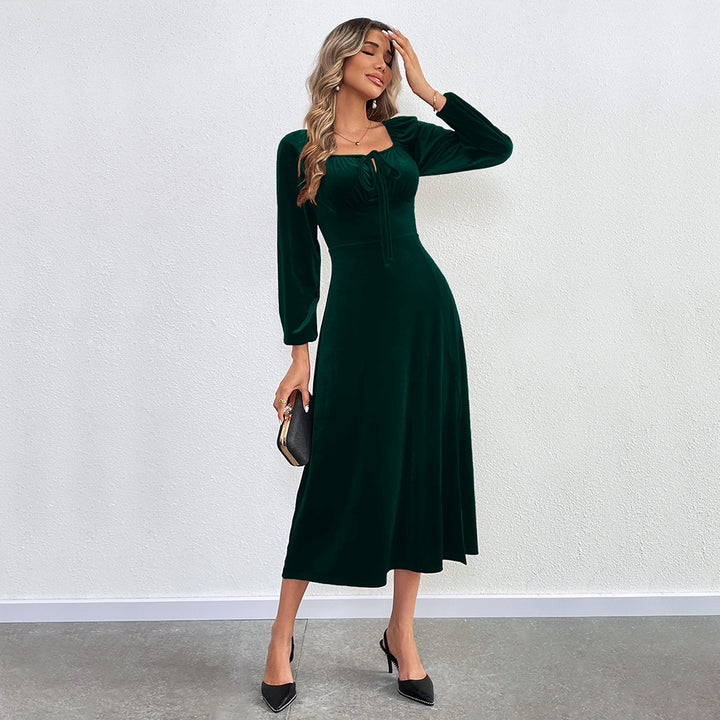 Damen elegantes Samt-Midikleid mit Binddetail am Bustier, taillierter Schnitt und seitlichem Oberschenkelschlitz Drune