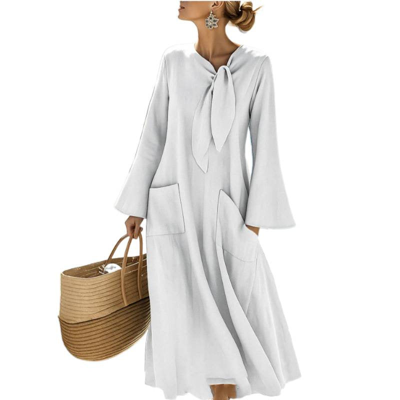 Damen Leichtes Maxikleid mit Bindeschleife, Glockenärmeln und aufgesetzten Taschen Drune