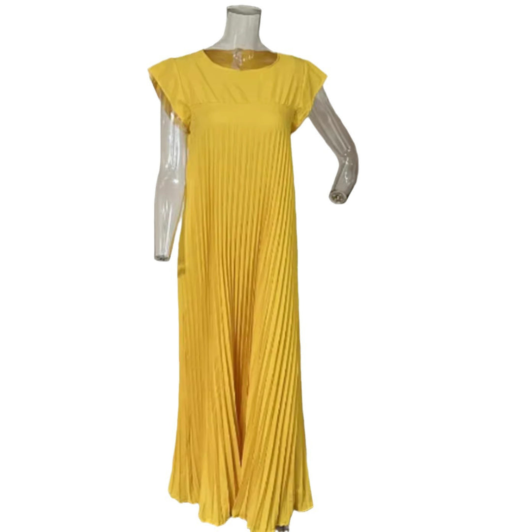 Damen nan fließendes plissiertes Maxikleid mit überschnittenen Schultern und Eingrifftaschen Drune