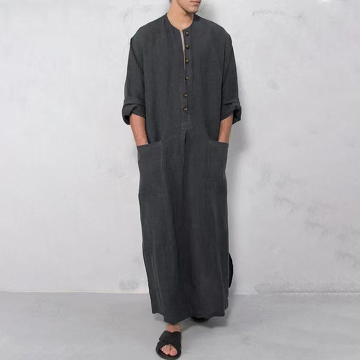 Herren nan weites langes Tunika-Kaftan aus atmungsaktivem Leinen mit Stehkragen Knopfblende und aufgesetzten Taschen Drune