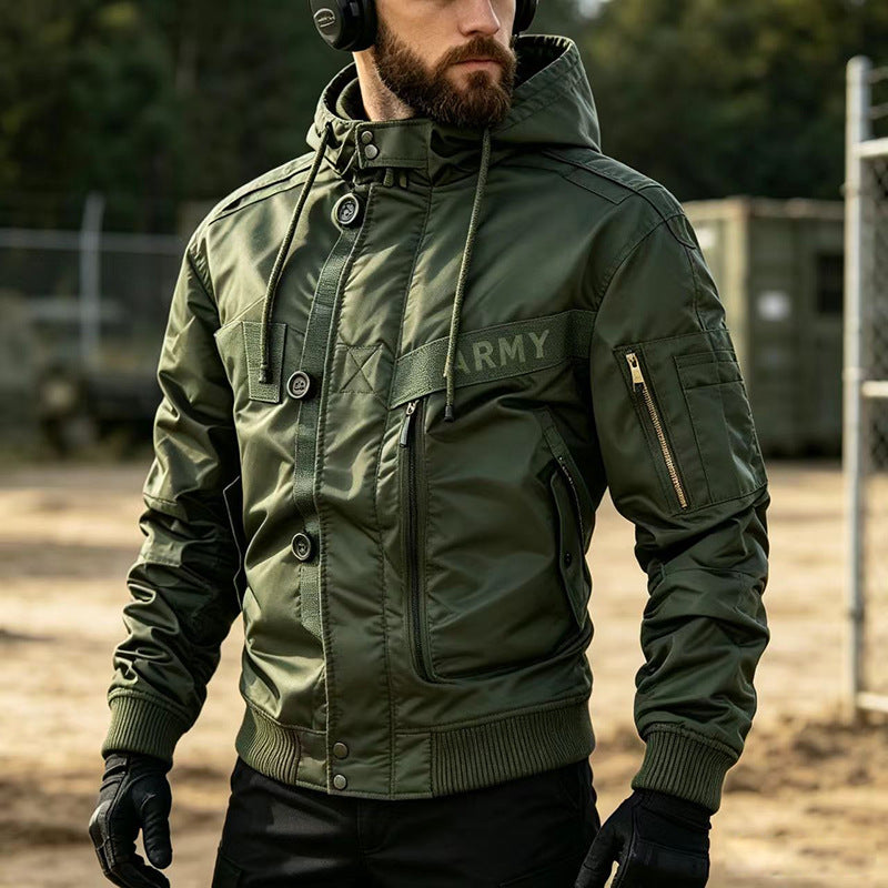 Herren Militärinspirierte Kapuzen-Bomberjacke mit Utility-Taschen Drune