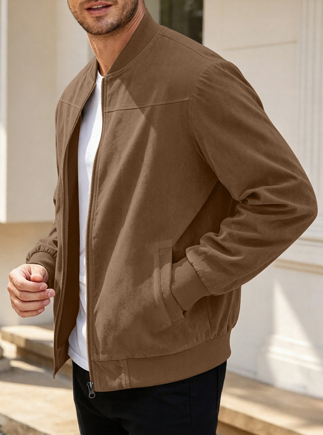Herren Leichte Bomberjacke im Velours-Look mit Reißverschluss und Rippbündchen Drune