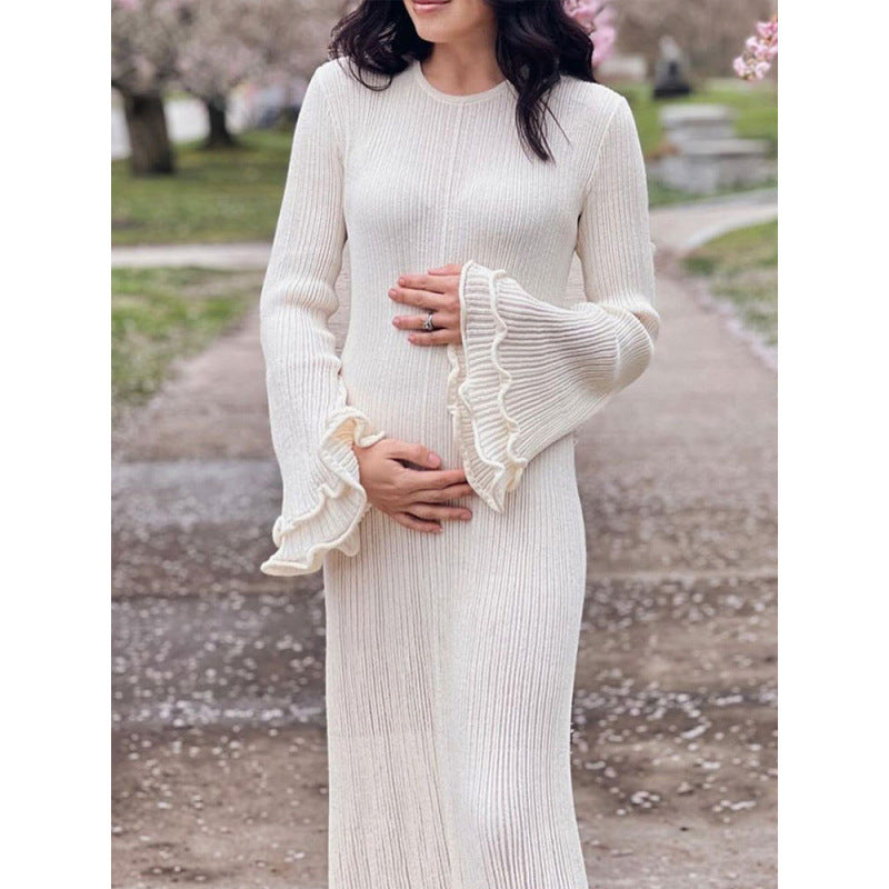 Damen Geripptes Maxikleid mit langen Ärmeln, Volantmanschetten und Rüschenabschluss Drune