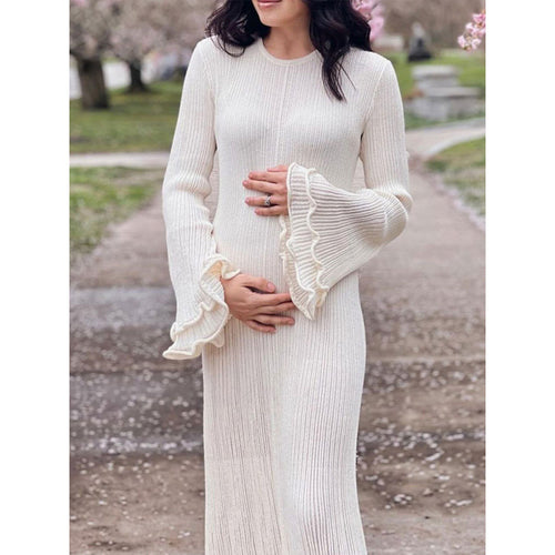 Damen Geripptes Maxikleid mit langen Ärmeln, Volantmanschetten und Rüschenabschluss Drune