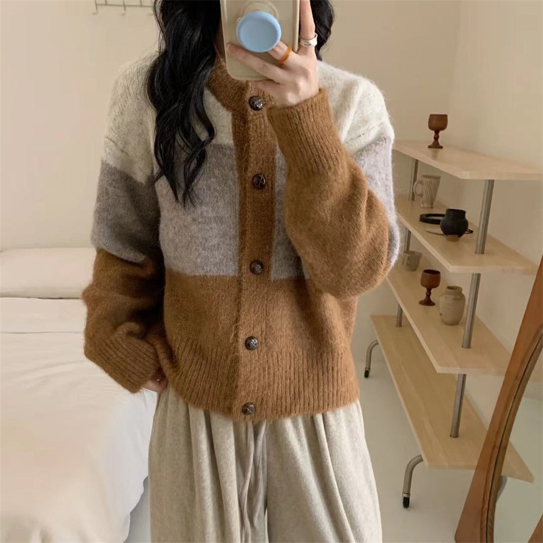 Damen Grobstrickjacke mit knöpfbarem Verschluss und trendigem Farbblockdesign Drune