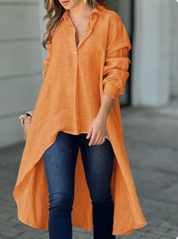 Damen Leichte Leinen‑Tunika‑Bluse mit asymmetrischem High‑Low‑Schwanz und Hemdkragen Drune