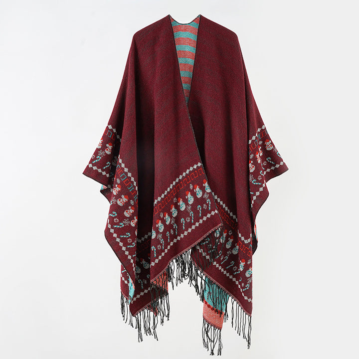 Damen Wollmix-Kimono-Poncho mit Norwegerbordüre und Fransen Drune