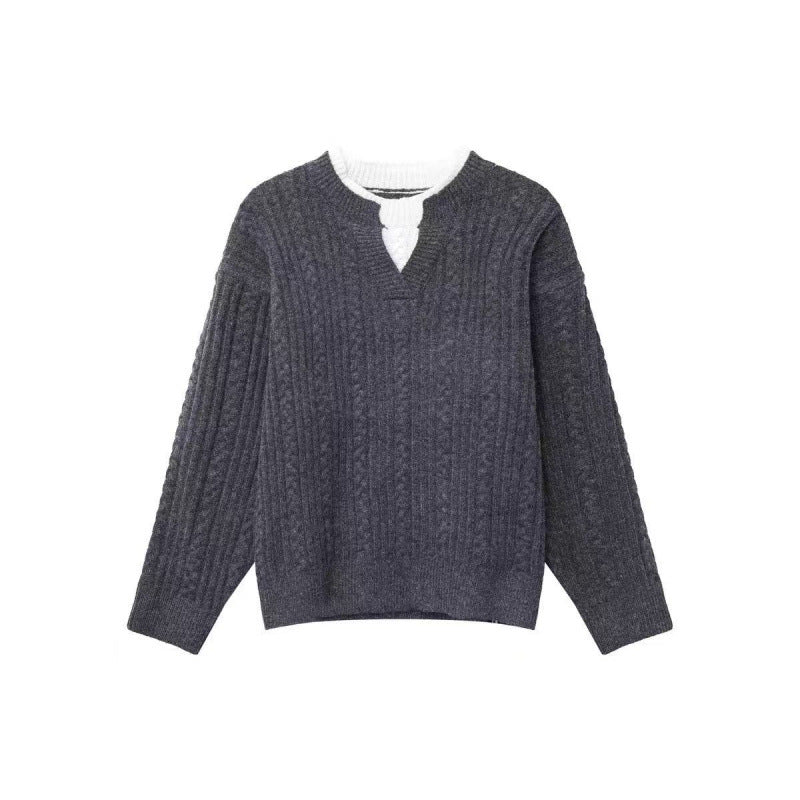Damen Grobgestrickter Zopfmuster-Pullover mit V‑Ausschnitt und Lagen‑Optik Drune