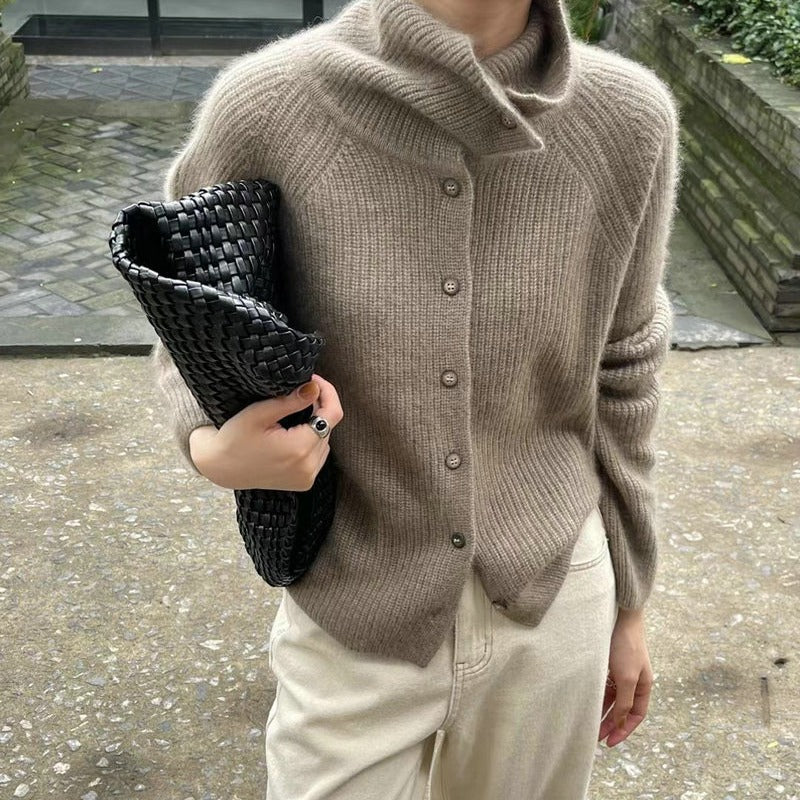 Damen elegante Strickjacke mit hohem Kragen und dekorativen Knöpfen Drune