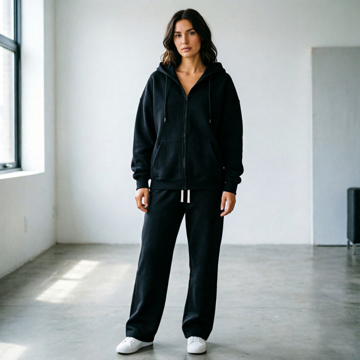 Damen samtiger Sportanzug mit Kapuze und elastischem Bund Drune