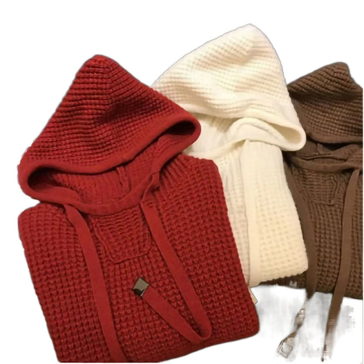 Damen Grobgestrickter Oversize-Kapuzenpullover mit Waffelstruktur und Kordelzug Drune