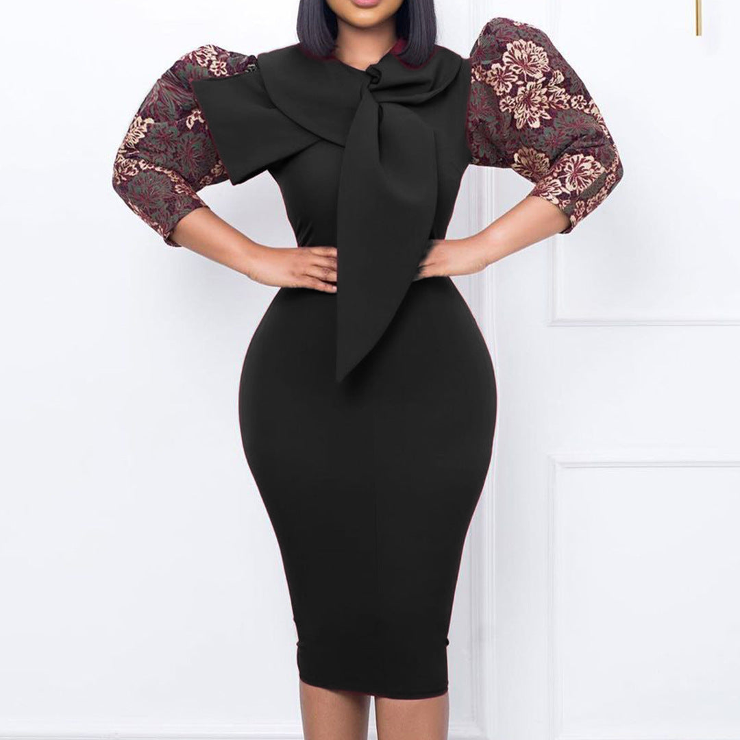 Damen elegantes Kleid mit Statement-Kragen und floralem Ärmel Drune