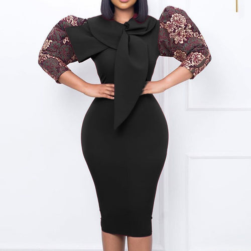 Damen elegantes Kleid mit Statement-Kragen und floralem Ärmel Drune
