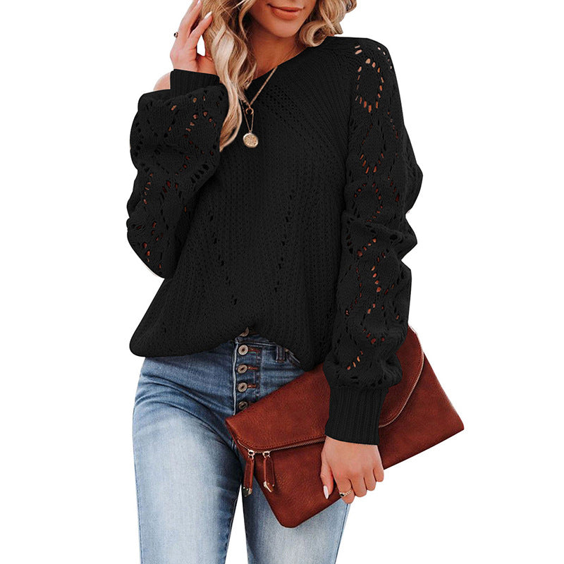 Damen Strickpullover mit modischem Lochmuster und voluminösen Ärmeln Drune