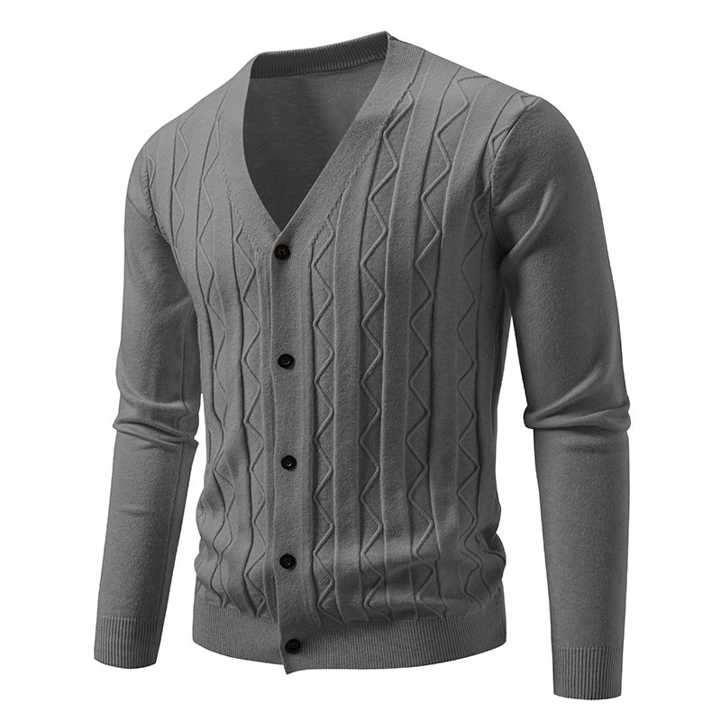 Herren nan V-Ausschnitt Strickjacke mit dezenter Zopfmusterstruktur und durchgehender Knopfleiste Drune