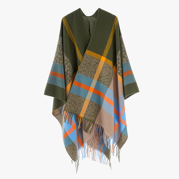 Damen Übergroßer Poncho mit Fransen und Karomuster Drune