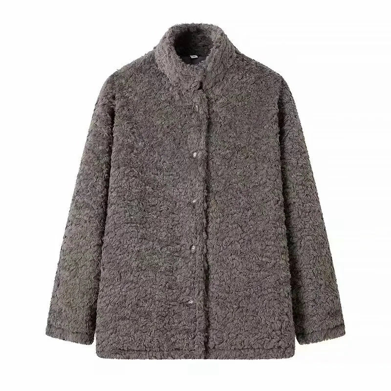 Damen nan kastige Teddyjacke mit Stehkragen, Druckknopfleiste und wärmender Microfleece-Qualität Drune