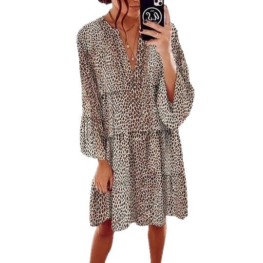 Damen lässiges Blusenkleid mit Volantärmeln und tierischem Muster Drune
