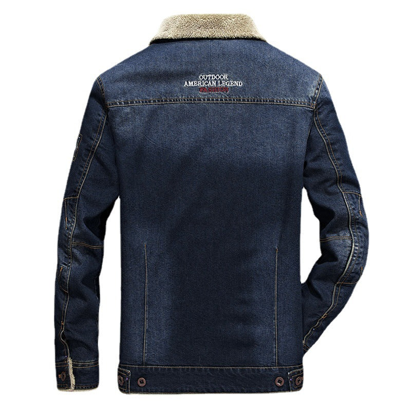 Herren Jeansjacke mit dichter Sherpa-Innenfütterung, hochschließendem Kragen und Utility-Taschen Drune