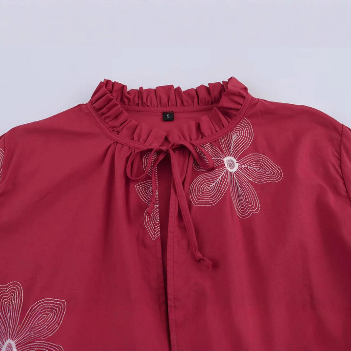 Damen nan bestickte lockere Hemdbluse mit Volantkragen, Bindebandvorderseite und Ballonärmeln Drune