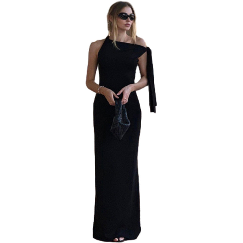 Damen Elegantes figurbetontes One-Shoulder-Maxikleid mit Schleife Drune