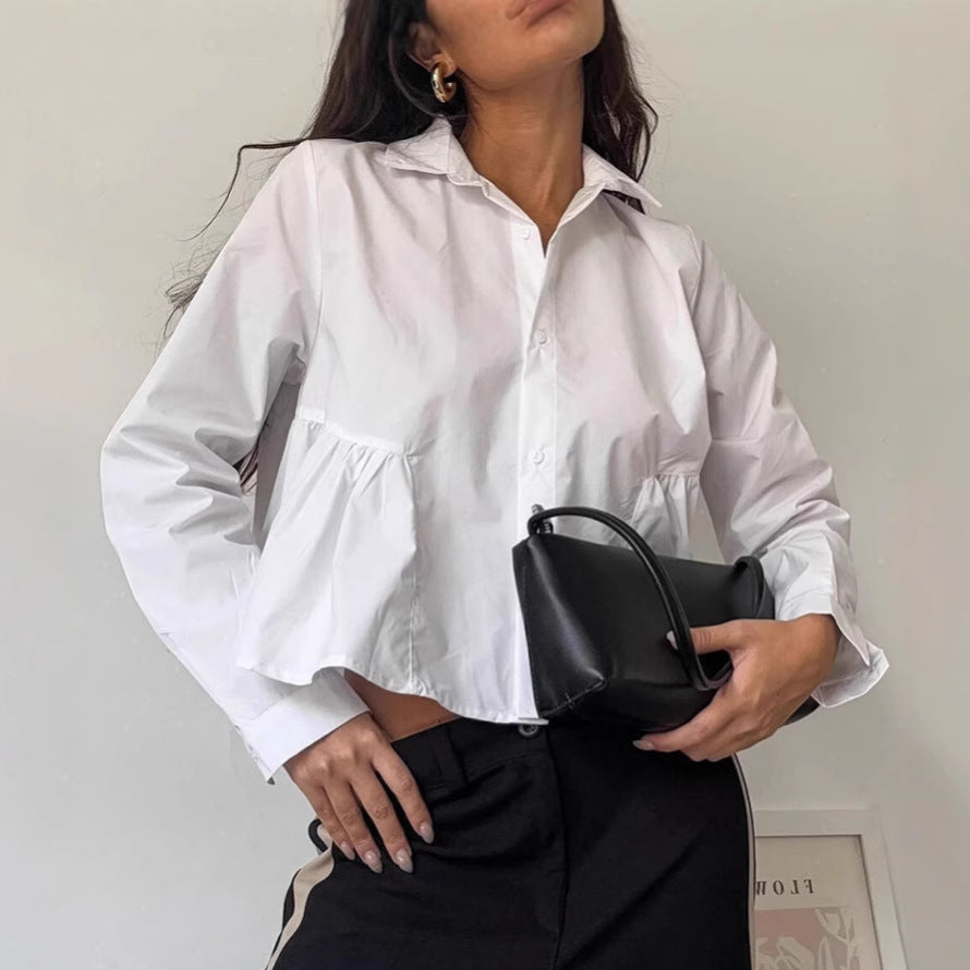 Damen Modische Kurzbluse mit voluminösen Rüschendetails und eleganten Knopfverschluss Drune