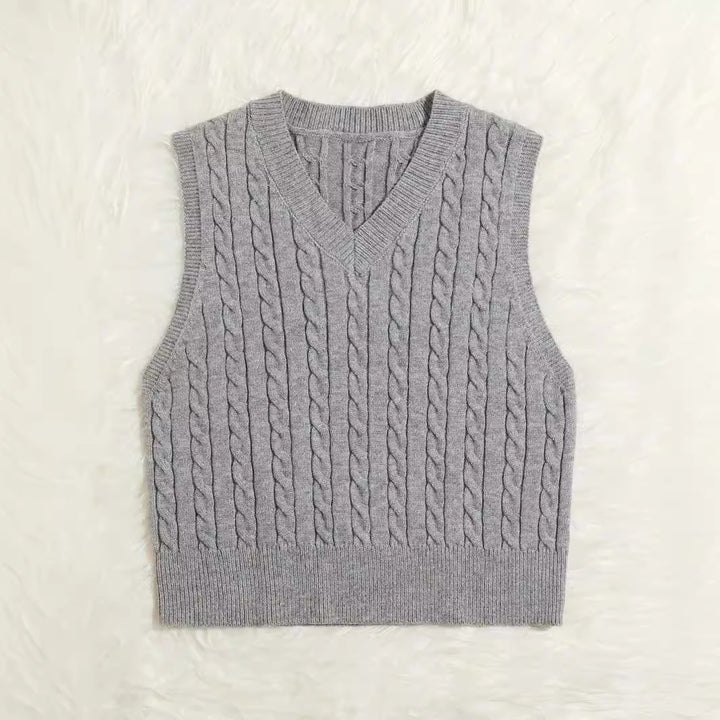 Damen Gestrickte ärmellose Zopfmuster-Pulloverweste mit V-Ausschnitt Drune