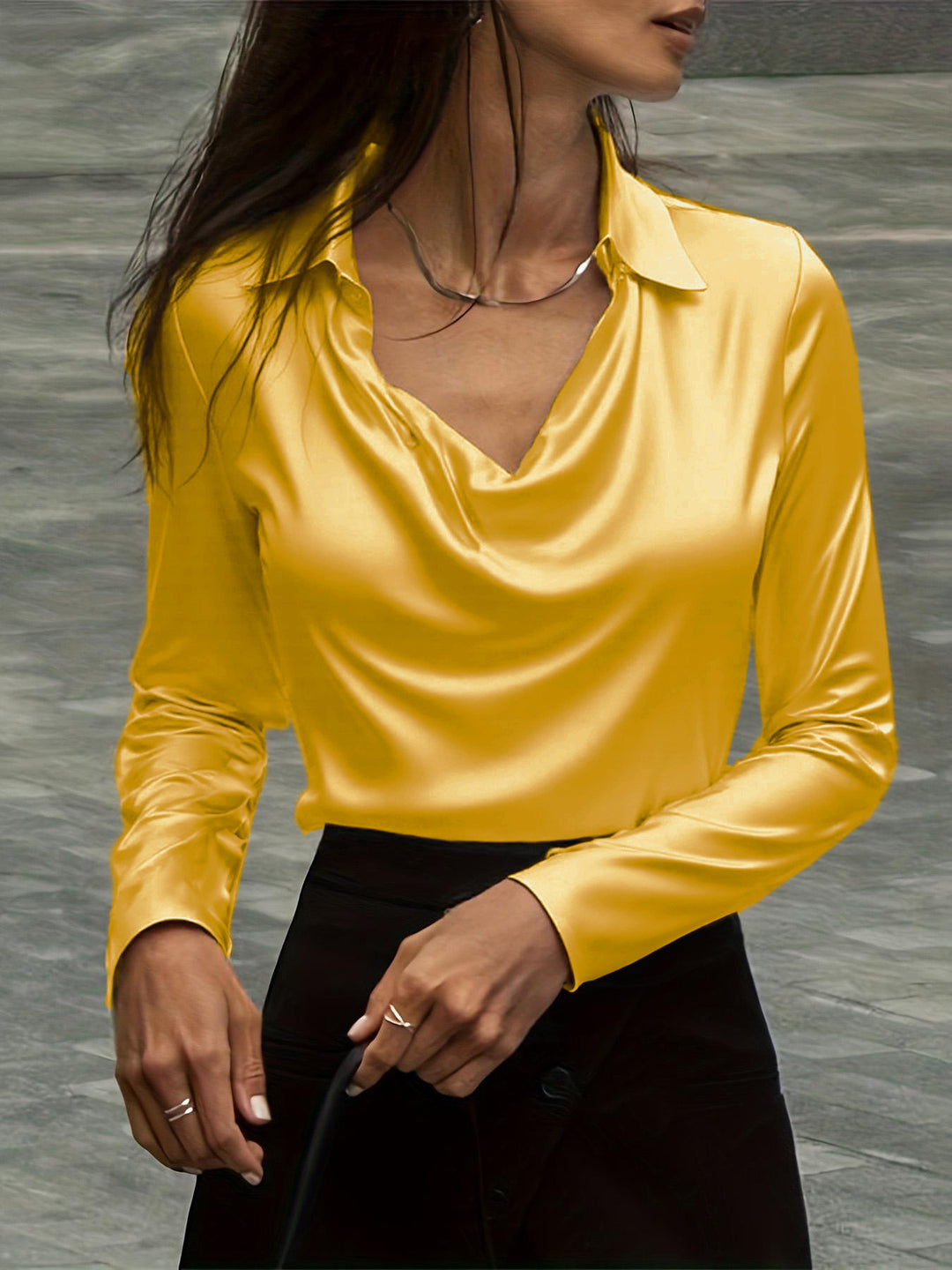 Damen Satinbluse mit Wasserfallkragen und Hemdkragen Drune