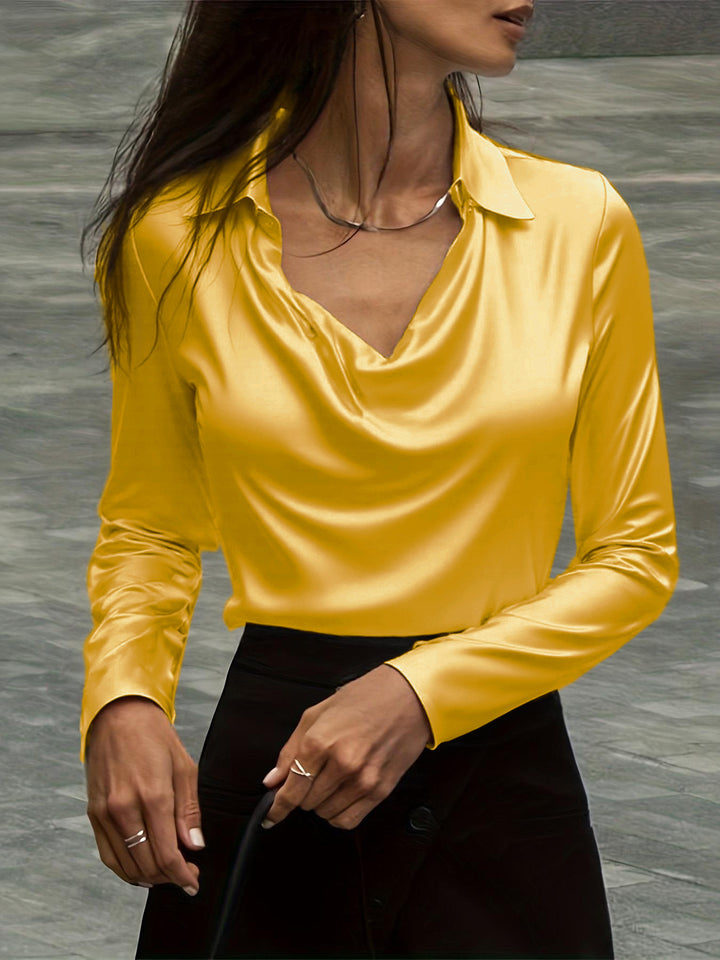 Damen Satinbluse mit Wasserfallkragen und Hemdkragen Drune