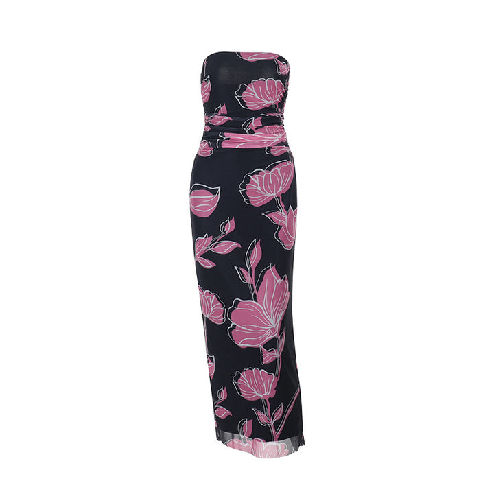 Damen elegantes schulterfreies Maxikleid mit floralem Design Drune