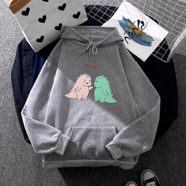 Damen nan Kapuzenpullover mit niedlicher Dinosaurierpärchen‑Illustration, Oversize‑Schnitt und Kängurutasche Drune