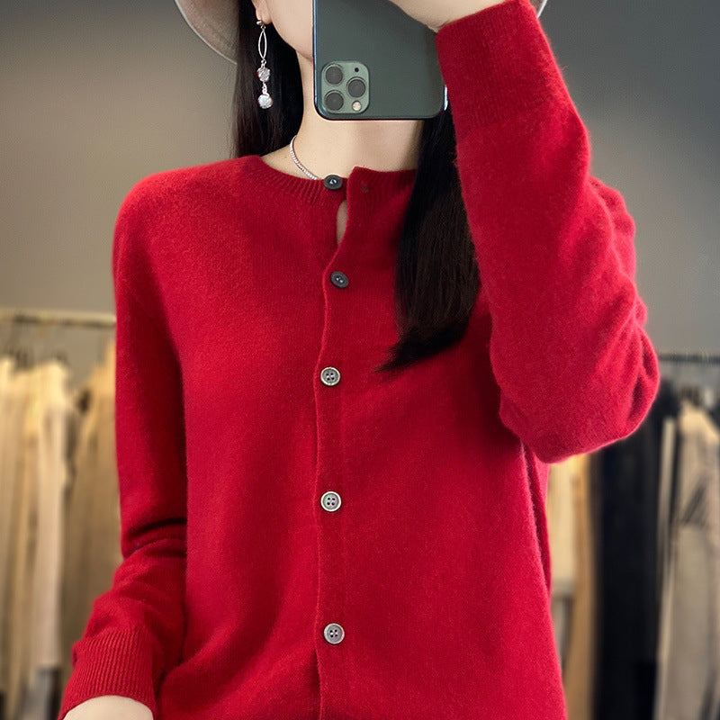 Damen Leichter Feinstrick-Cardigan mit Kaschmir‑Optik, Rundhalsausschnitt und verdeckter Knopfleiste Drune