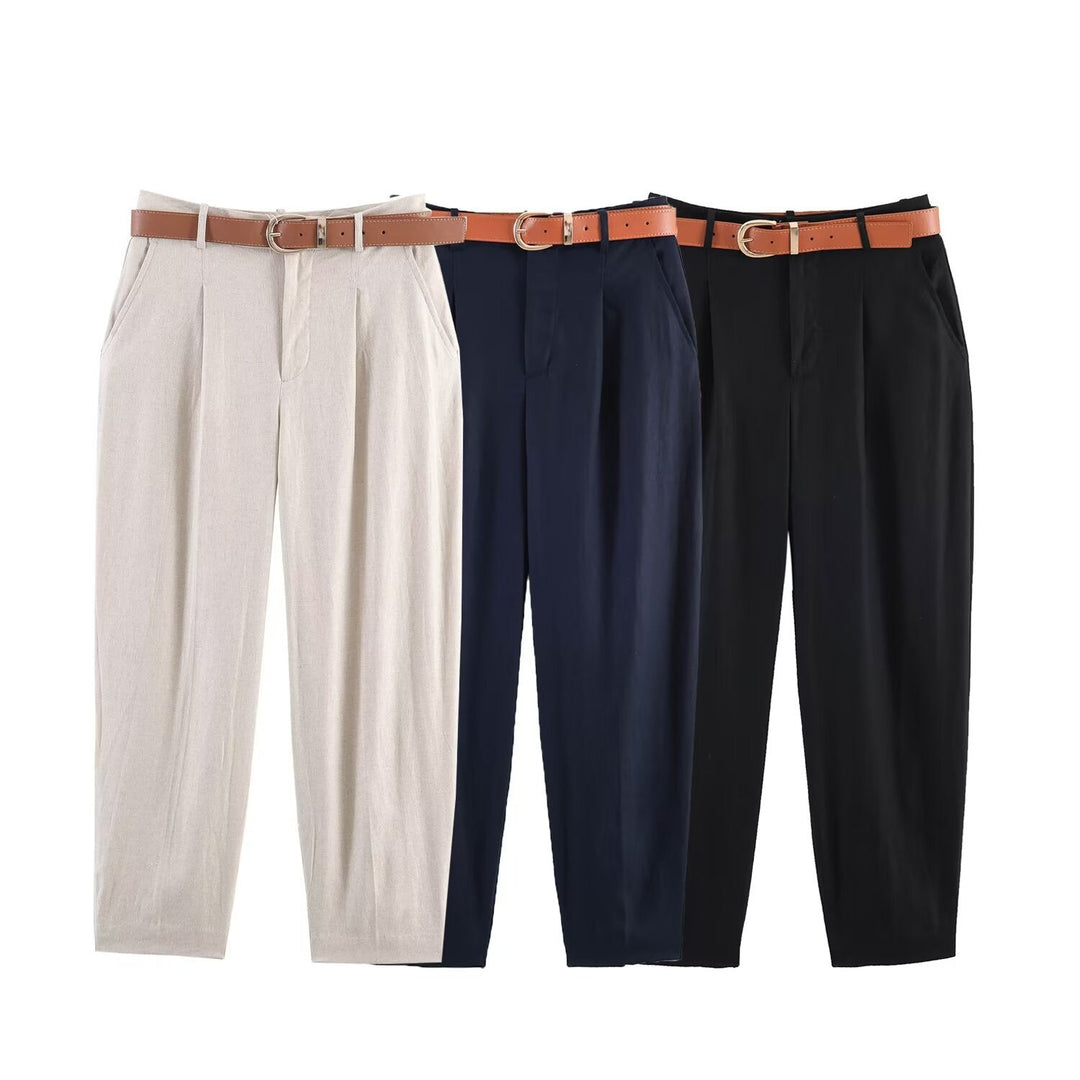 Damen hochwertige, ausgestellte Leinenhose mit modischem Gürtel Drune