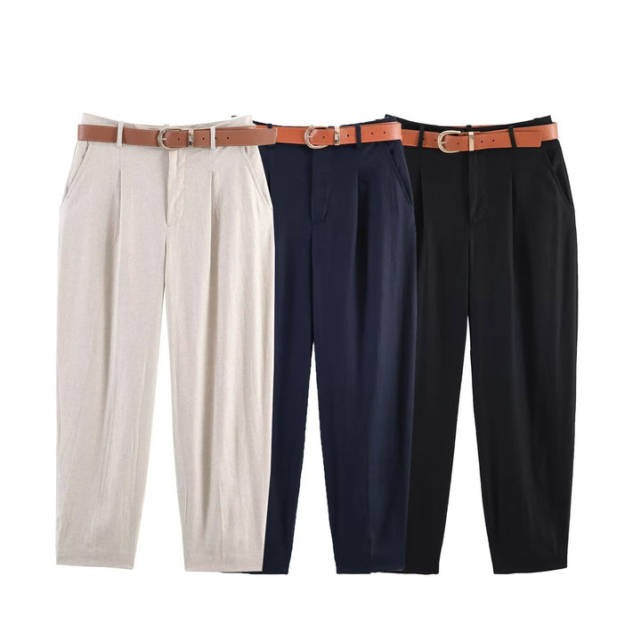 Damen hochwertige, ausgestellte Leinenhose mit modischem Gürtel Drune