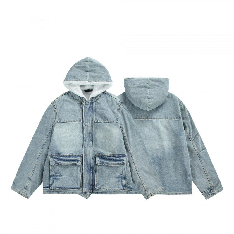 Unisex Kapuzen-Jeansparka im Used‑Look mit Teddyfleece-Futter und aufgesetzten Pattentaschen Drune