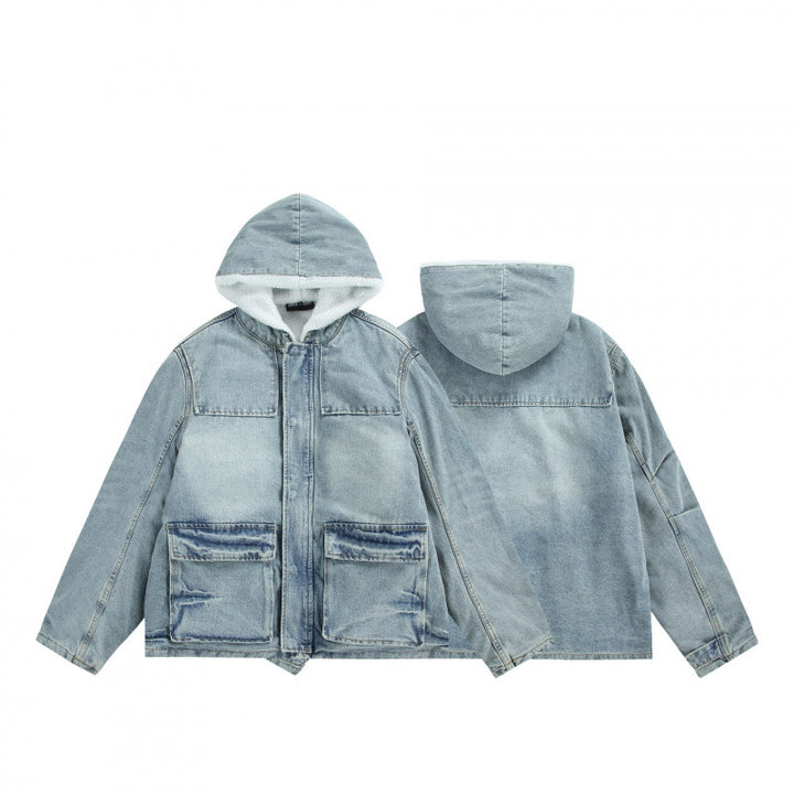 Unisex Kapuzen-Jeansparka im Used‑Look mit Teddyfleece-Futter und aufgesetzten Pattentaschen Drune