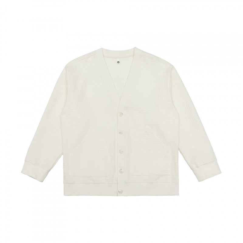 Unisex Oversize Waffelstrick-Cardigan mit V-Ausschnitt, Knopfleiste und aufgesetzten Taschen Drune