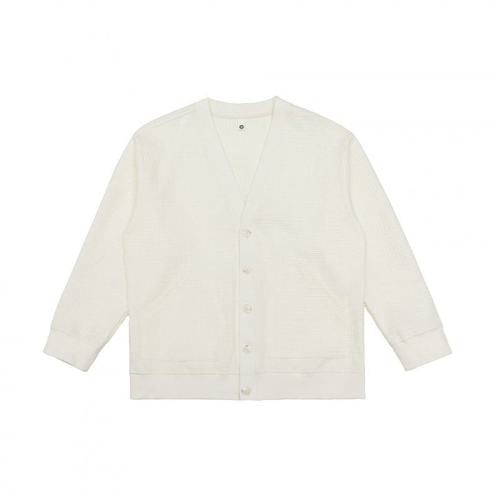 Unisex Oversize Waffelstrick-Cardigan mit V-Ausschnitt, Knopfleiste und aufgesetzten Taschen Drune