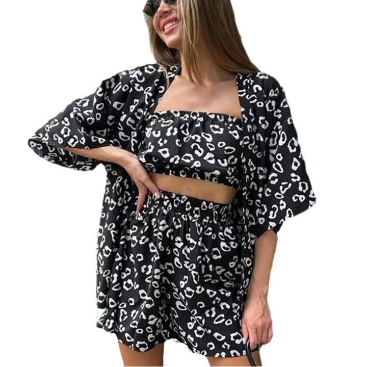 Damen Set aus luftigem Oberteil und Shorts mit animalischem Muster Drune